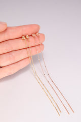 14K Solid Rose Gold Ball Stud Back Drop Chain Long Drop Dangle Earring - Pretty At Sam