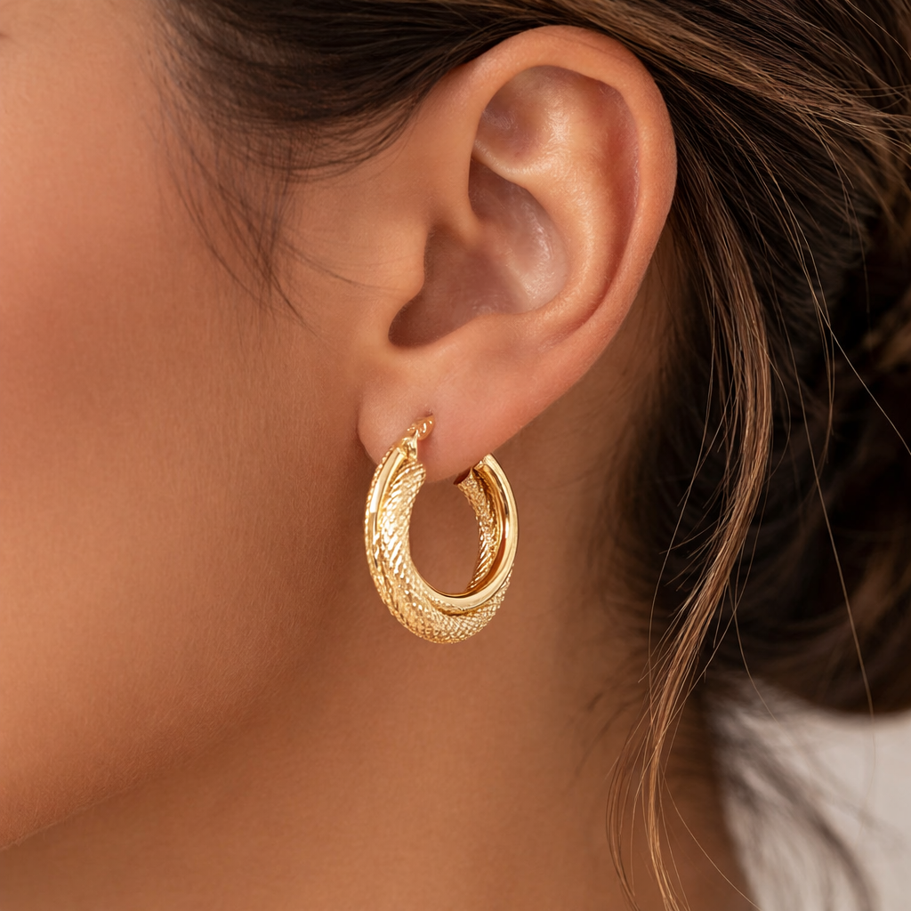 14K Solid Yellow Gold Diamond Cut Textured Double Hoop Earrings model shot