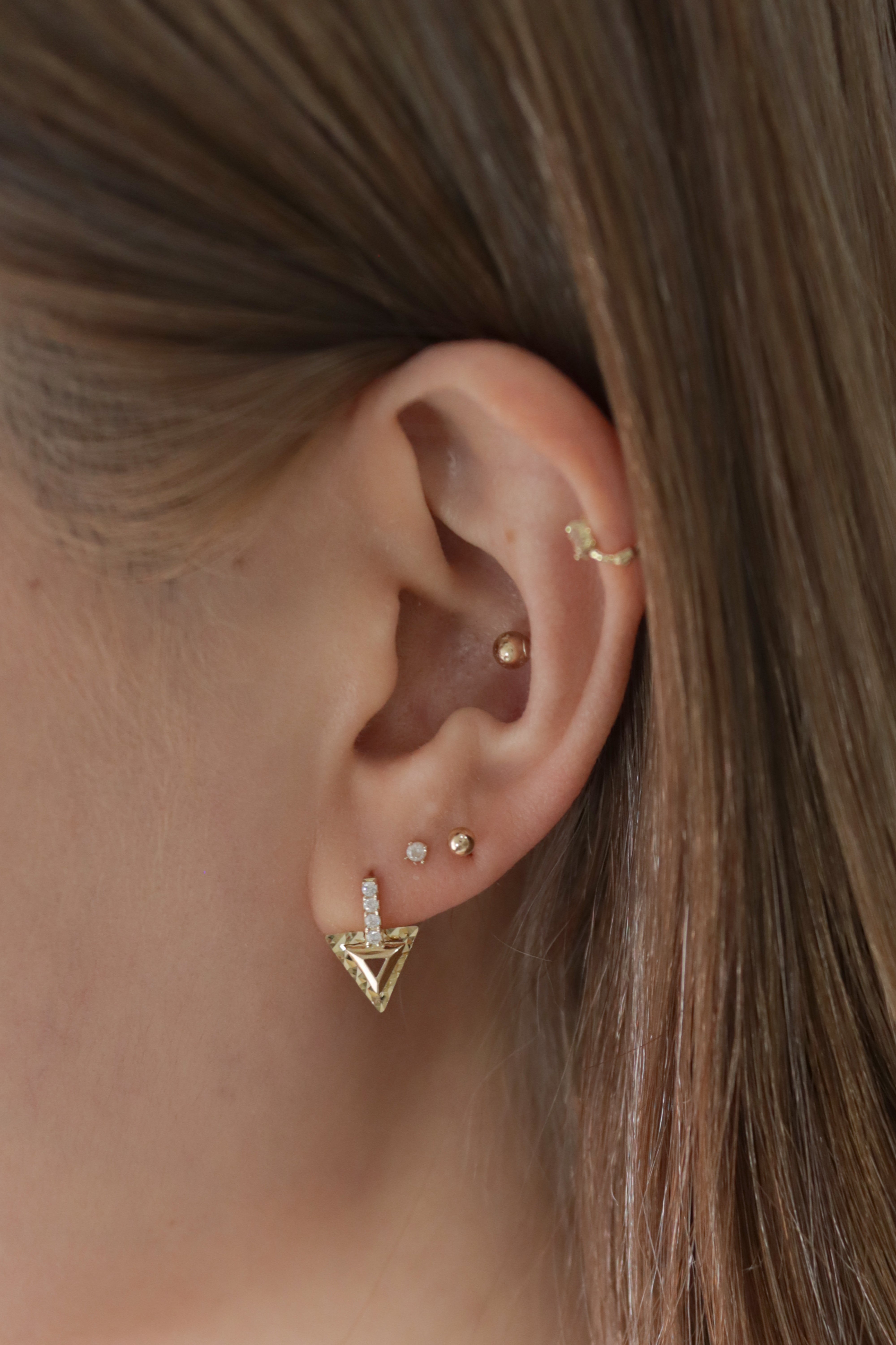 14K Solid Gold CZ Double Triangles Charm Dangle Hoop Earring - Pretty At Sam