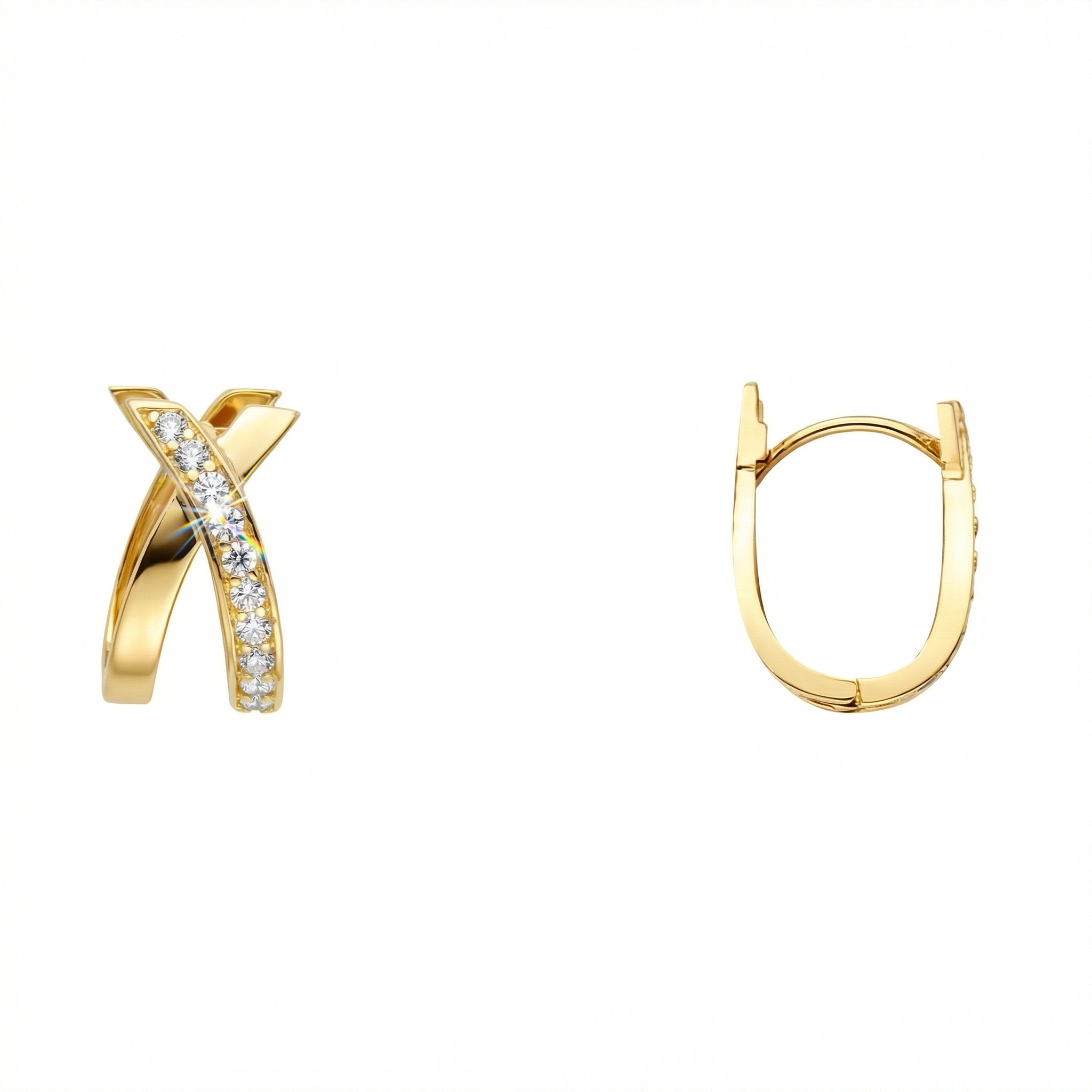Gold hoop earrings with diamond accents on a white background