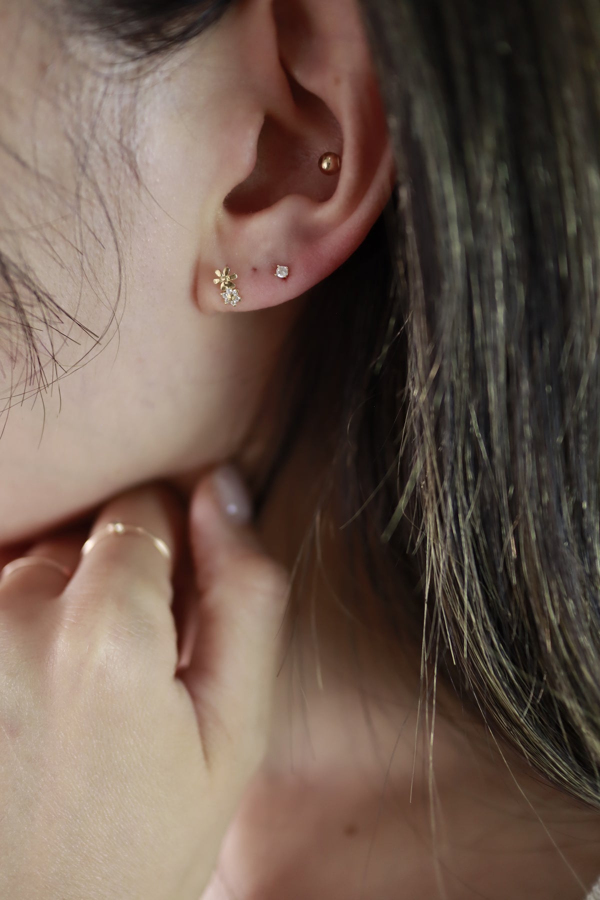 14K Solid Gold Daisy Double Flower Stud Earring