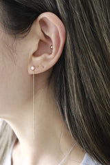 14K Solid Gold 3MM CZ Stud Ball Chain Drop Earring