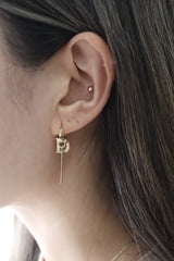 14K Solid Yellow Gold 12MM Hoop D Bar Drop Earring