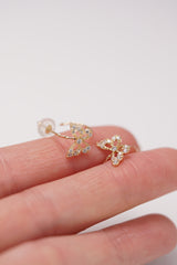 14K Gold Butterfly Diamond-Accented Half Hoop Push Back Earring