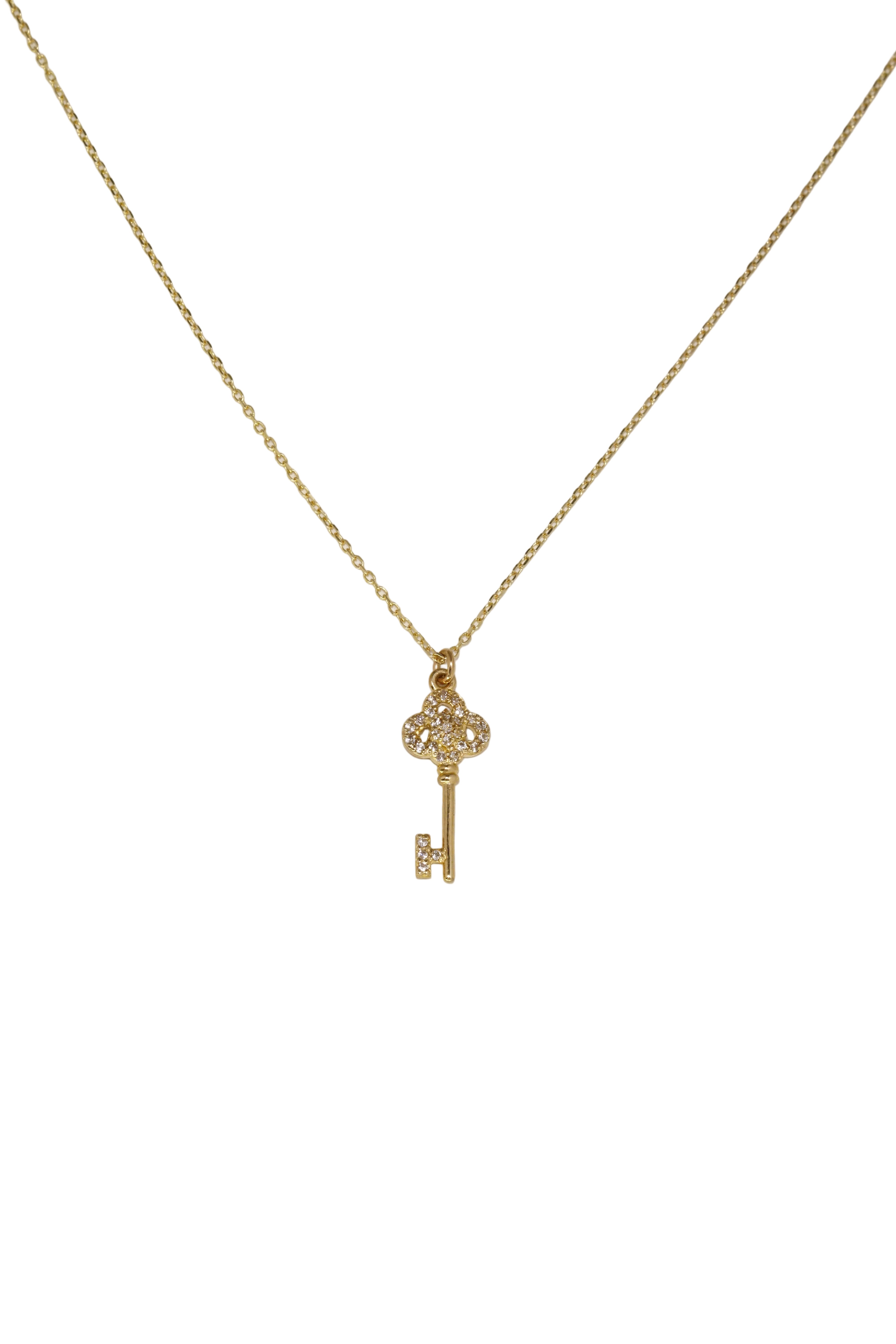 14K Solid Gold CZ Antique Key Charm 16 Inch Necklace - Pretty At Sam