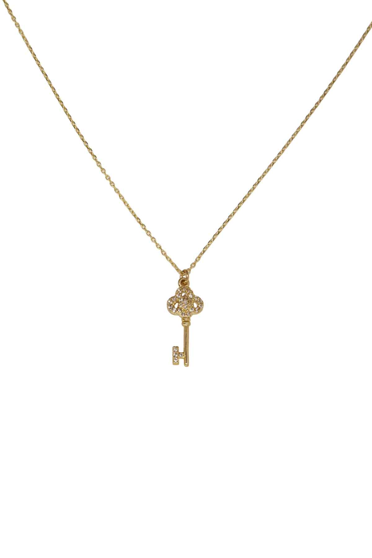14K Solid Gold CZ Antique Key Charm 16 Inch Necklace - Pretty At Sam