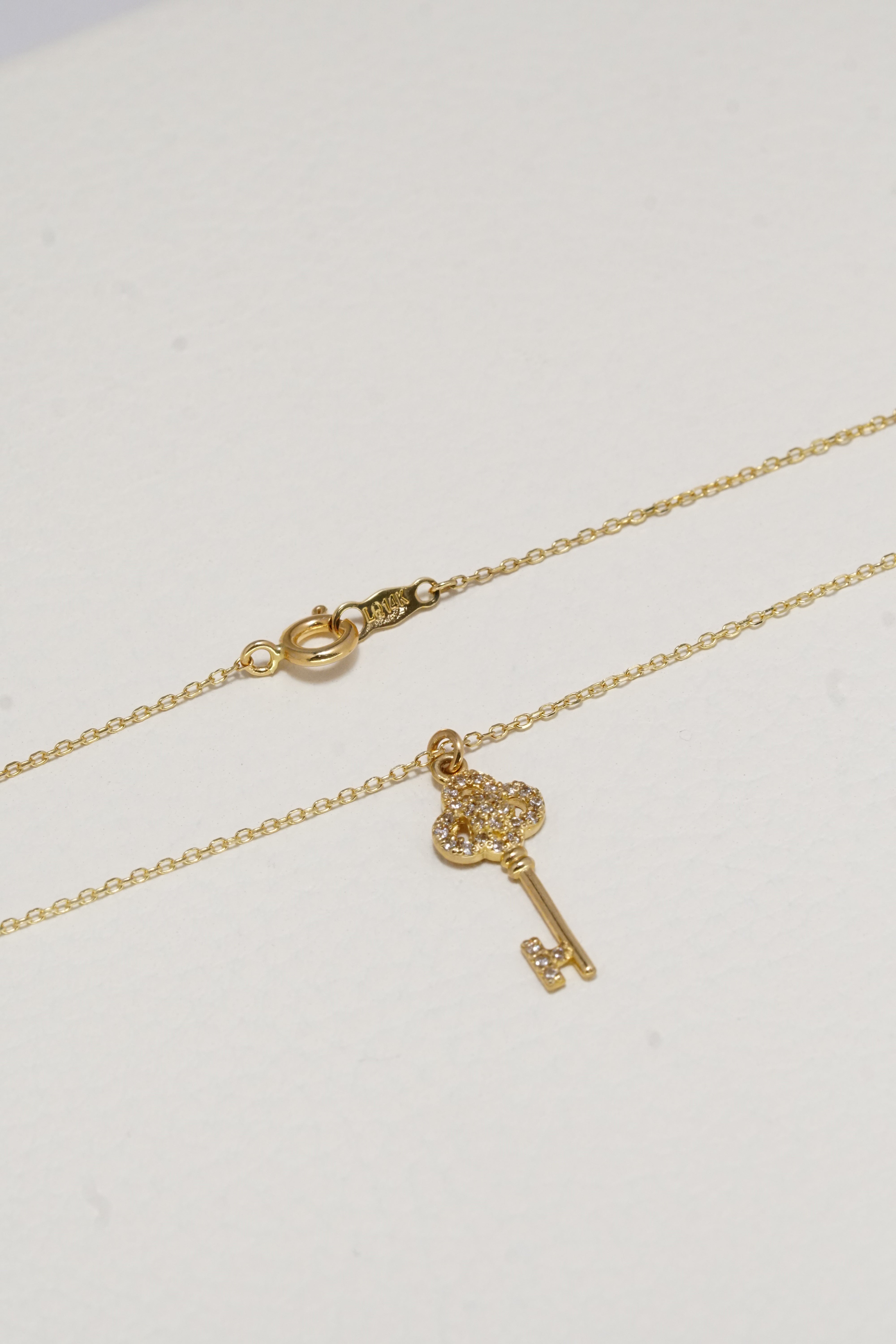 14K Solid Gold CZ Antique Key Charm 16 Inch Necklace - Pretty At Sam