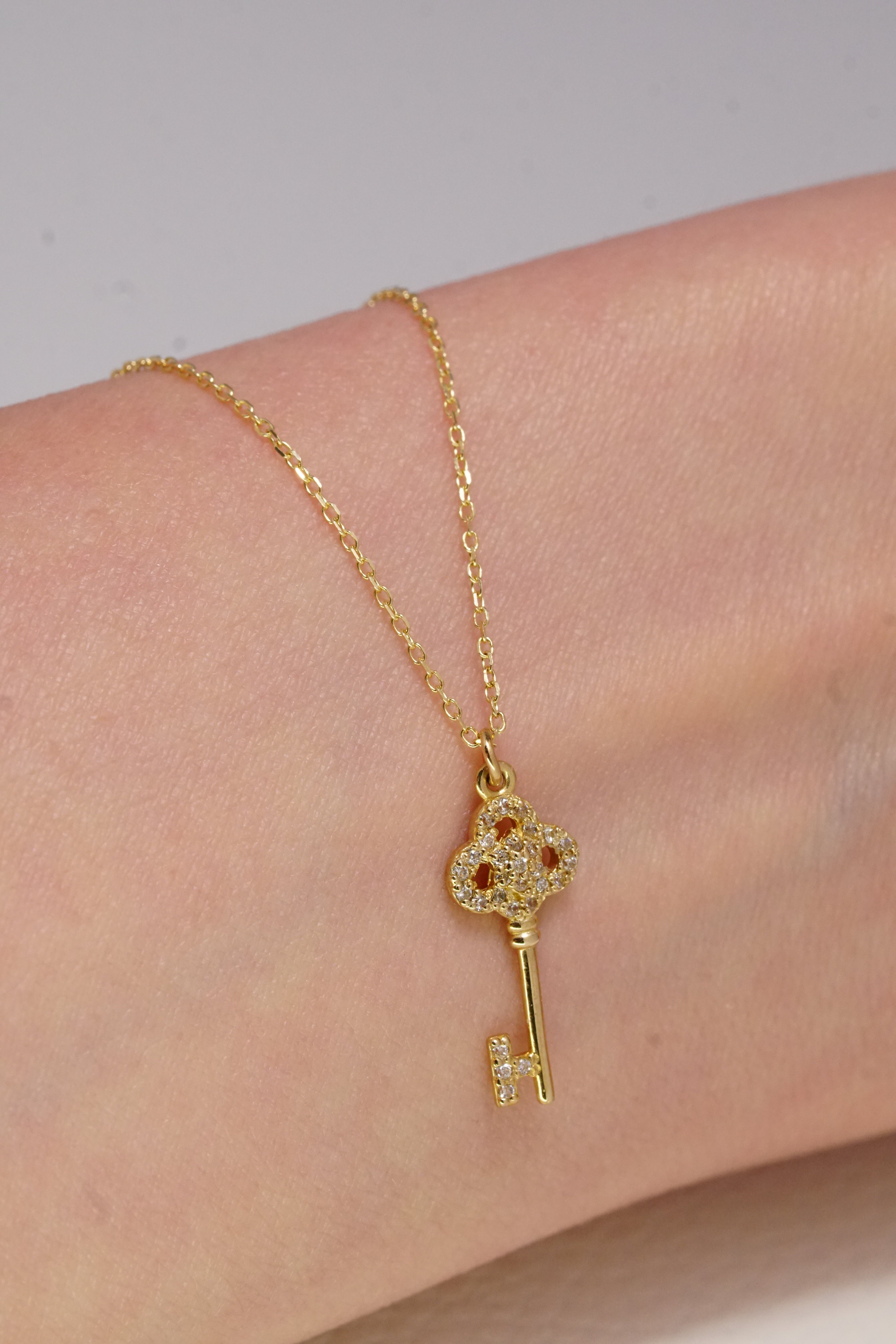 14K Solid Gold CZ Antique Key Charm 16 Inch Necklace - Pretty At Sam
