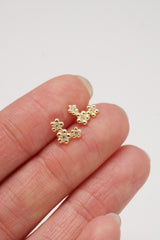 14K Solid Yellow Gold Three Flowers Stud Earring