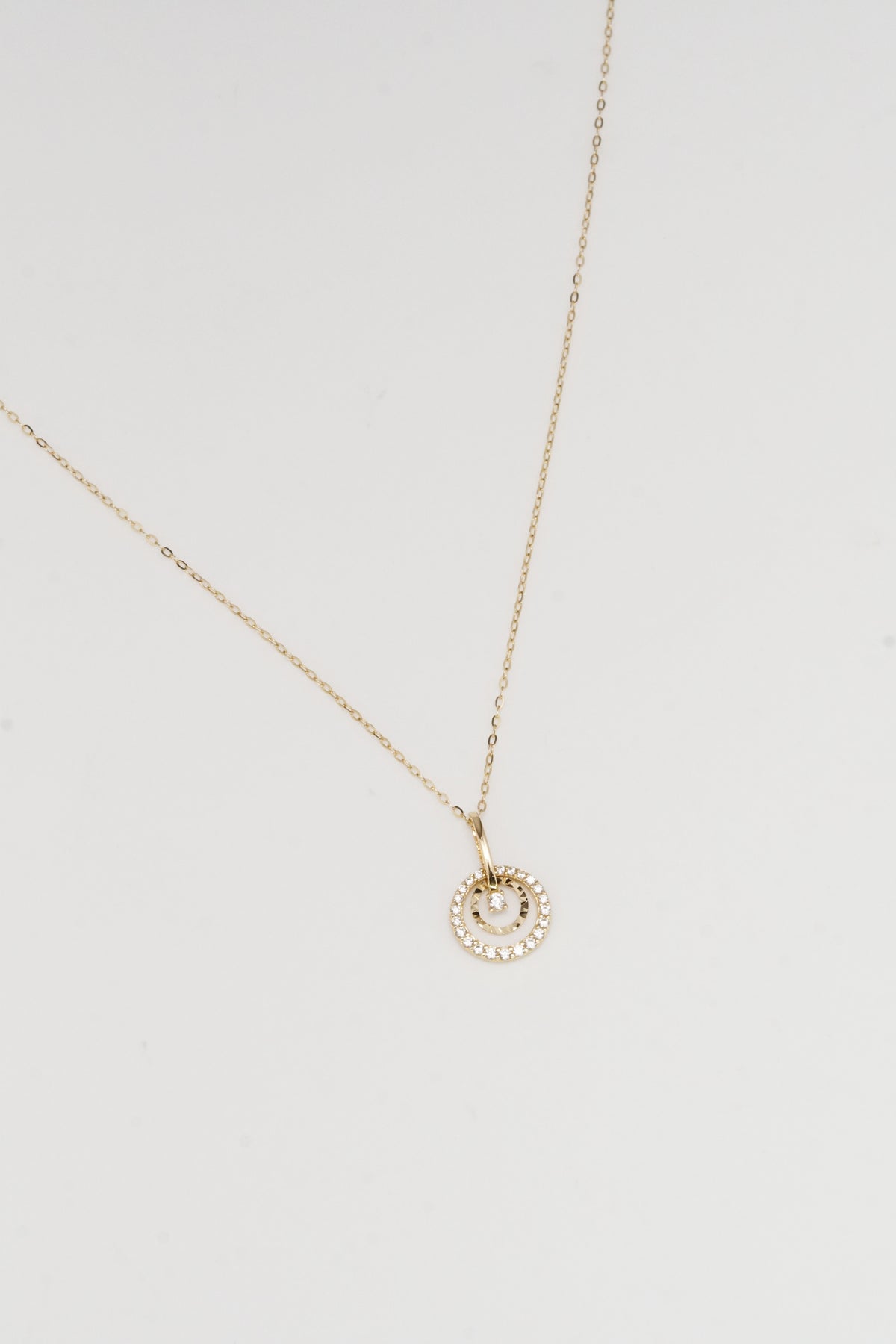 14K Solid Gold Double Halo CZ Pendant Necklace