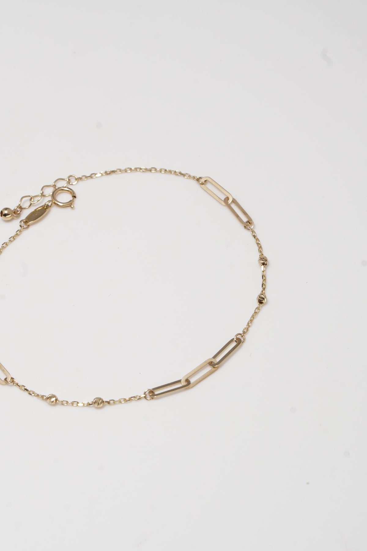 14K Solid Gold Paper Clip Diamond Cut Ball Linked Bracelet