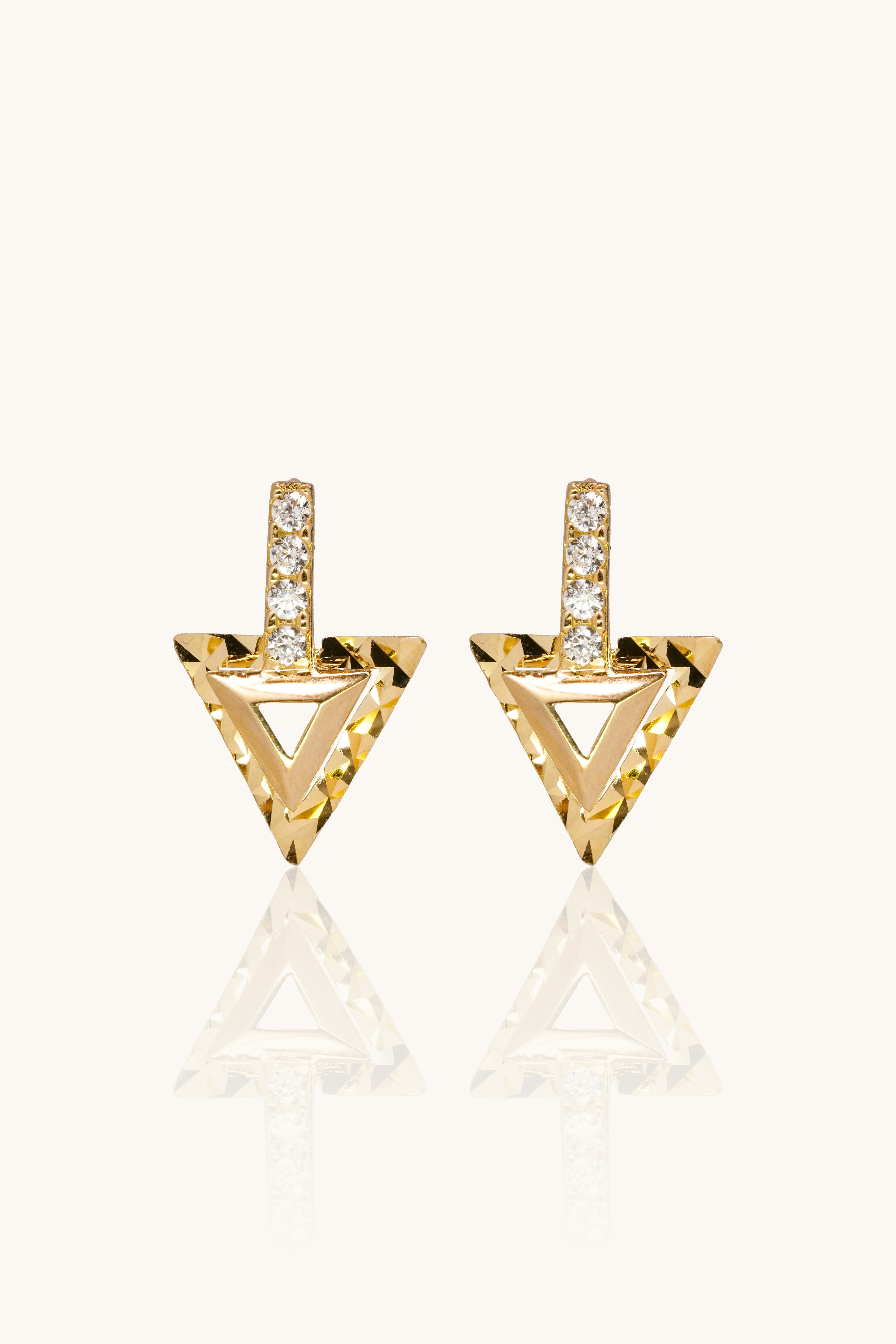 14K Solid Gold CZ Double Triangles Charm Dangle Hoop Earring - Pretty At Sam