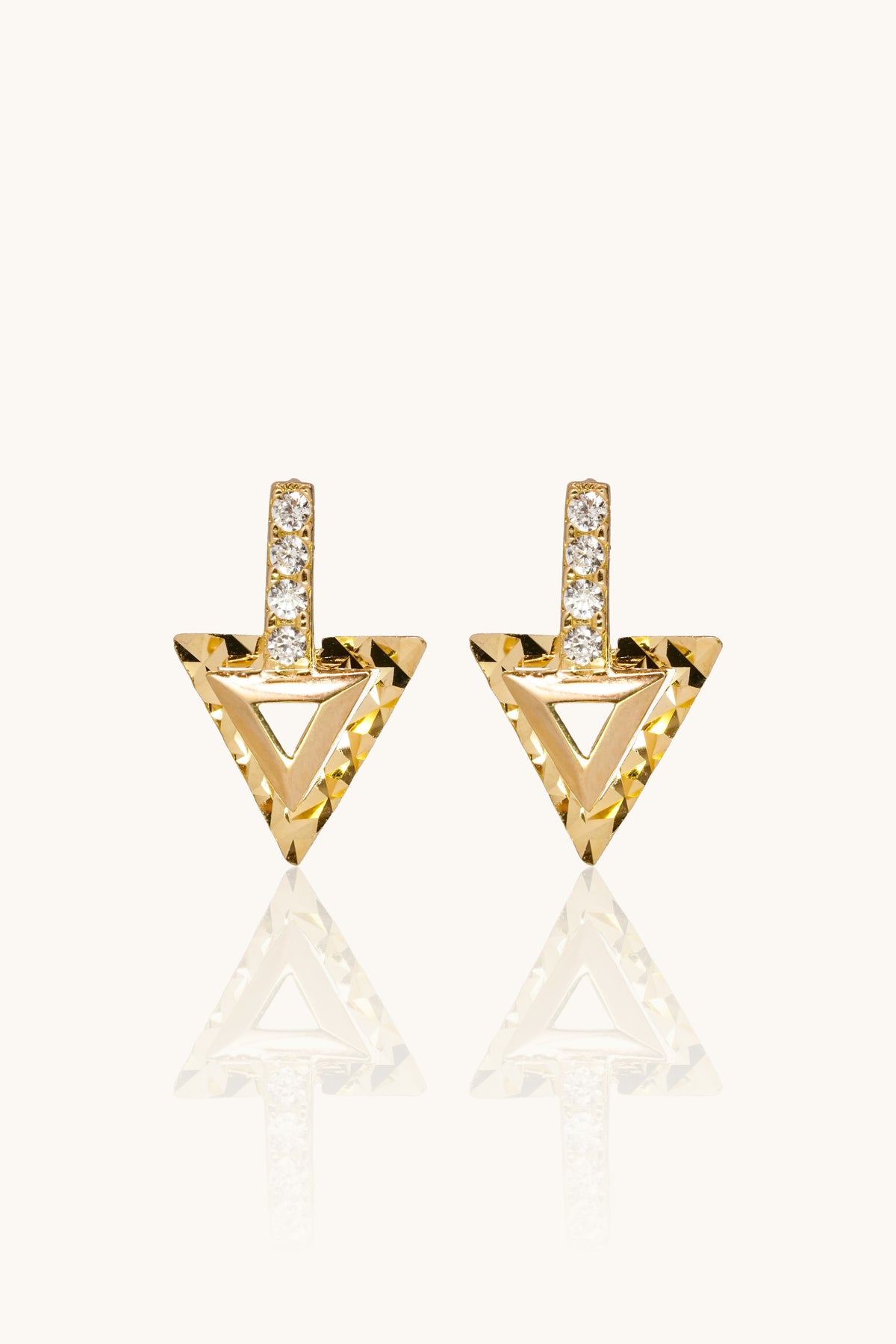 14K Solid Gold CZ Double Triangles Charm Dangle Hoop Earring - Pretty At Sam