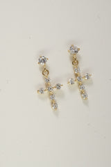 14K Solid Yellow Gold CZ Dangle Cross Stud Earring