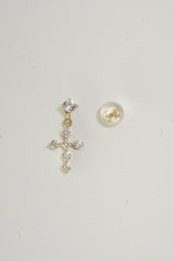 14K Solid Yellow Gold CZ Dangle Cross Stud Earring
