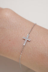 14K Solid White Gold Cross Charm With CZ Stone Bracelet