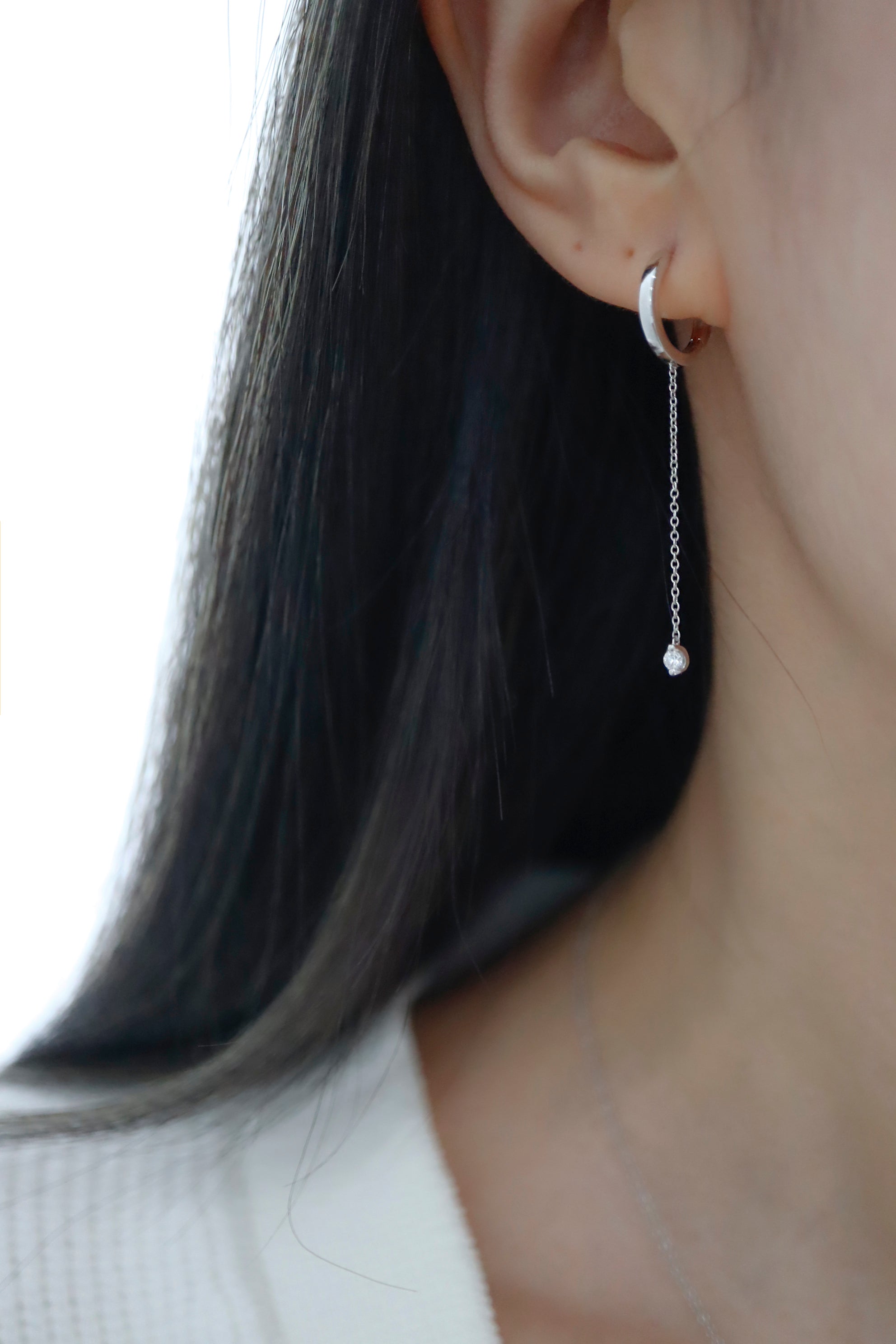 14K Solid White Gold 12mm Natural Diamond Chain Drop Hoop Earring - Pretty At Sam