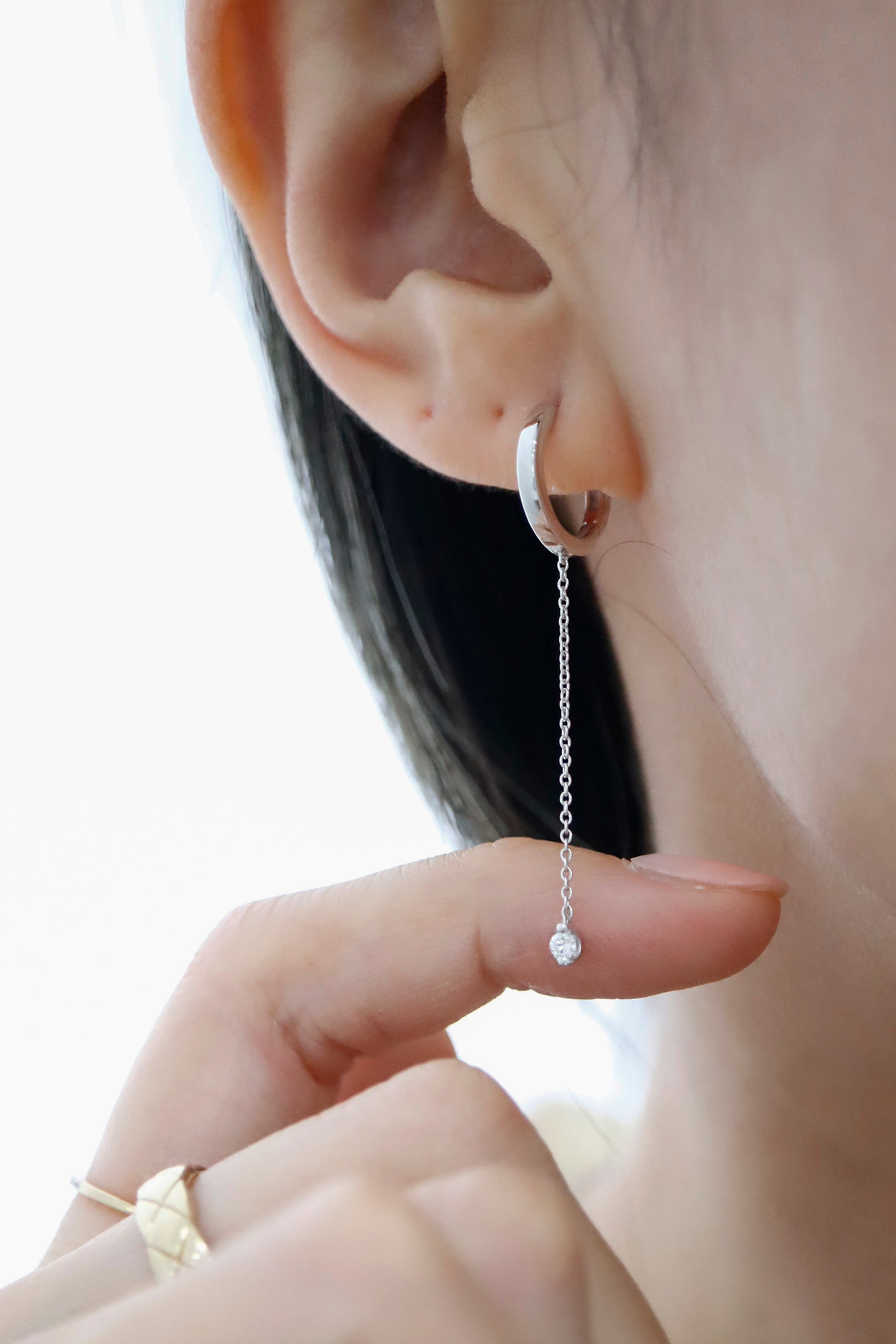 14K Solid White Gold 12mm Natural Diamond Chain Drop Hoop Earring - Pretty At Sam