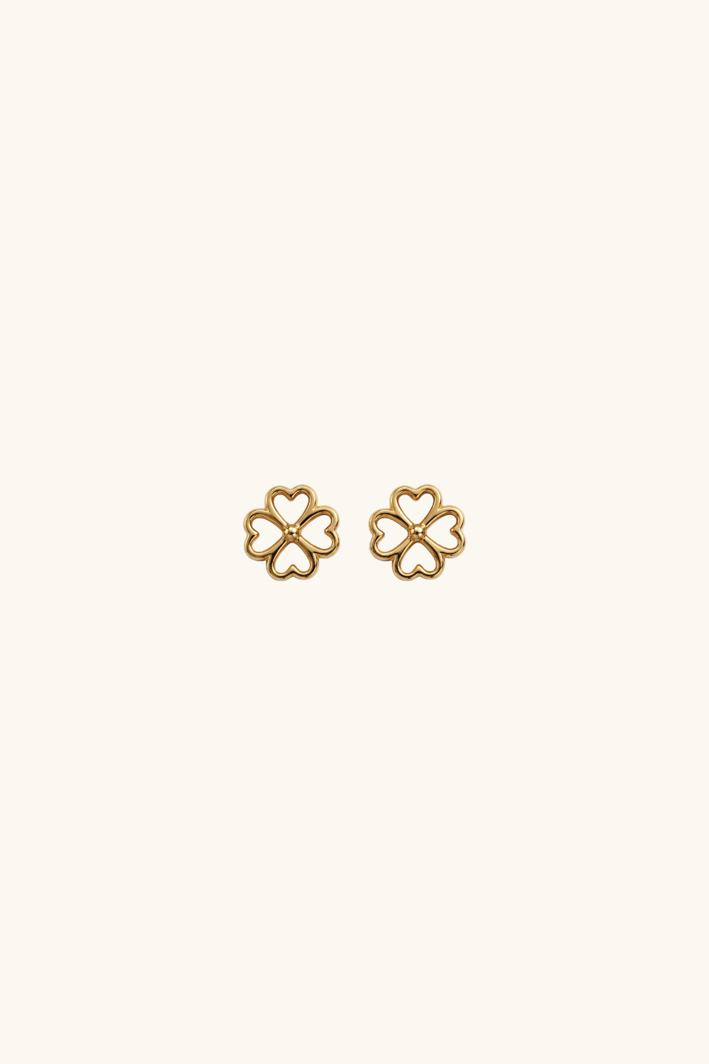 14k solid gold lucky clover stud earrings with open heart petals