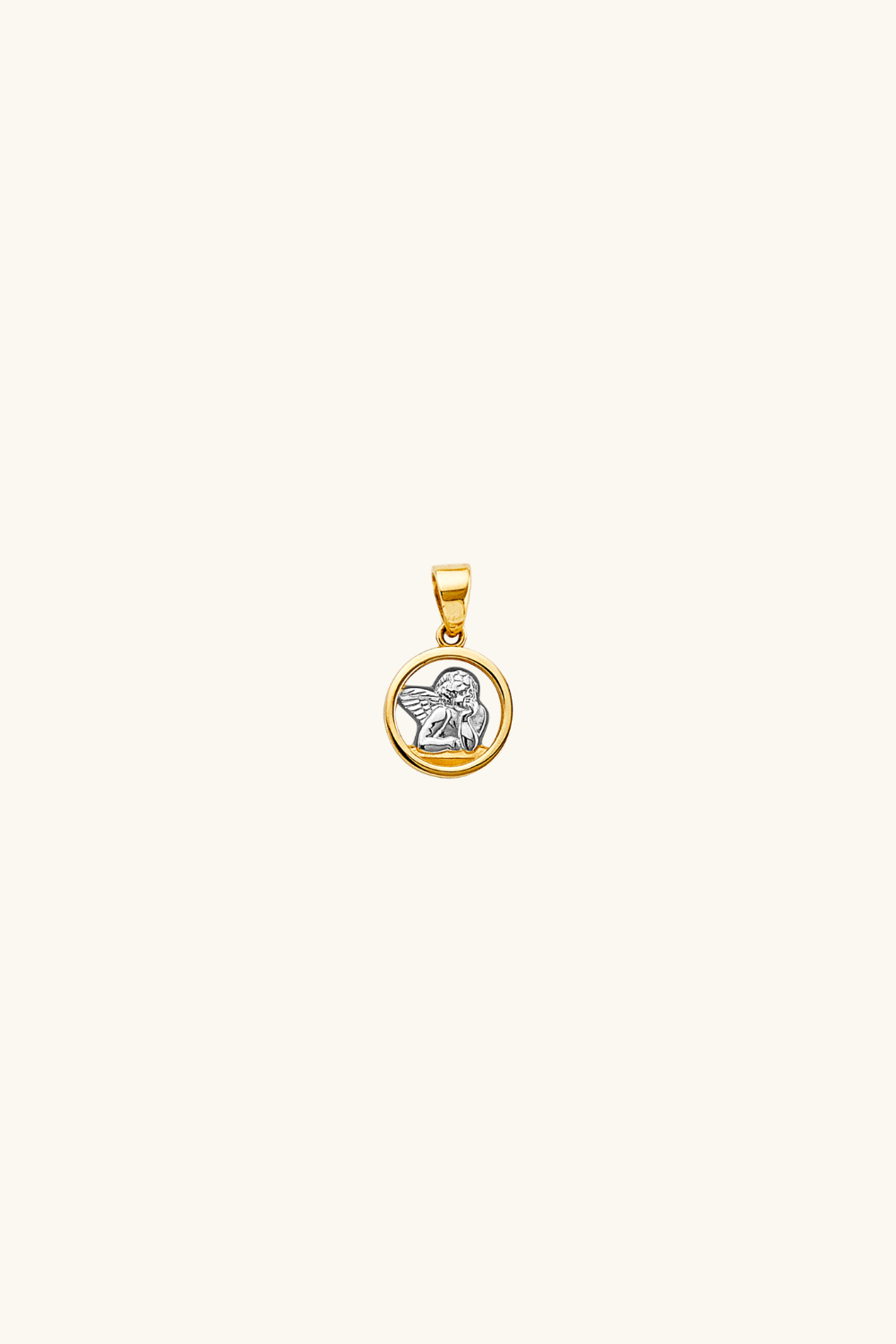14k solid two-tone gold cherub angel pendant in yellow and white gold