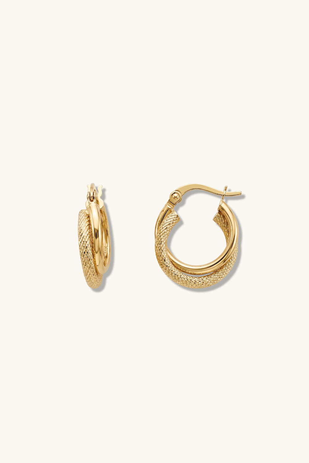 14K Solid Yellow Gold Diamond Cut Textured Double Hoop Earrings