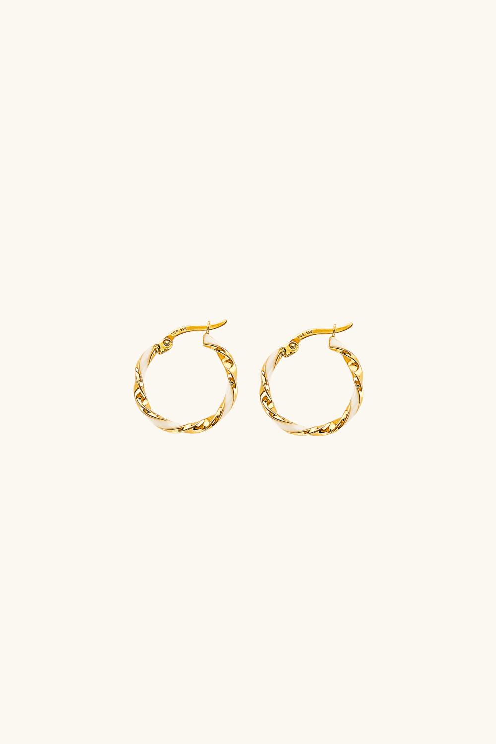 14k solid gold twisted hoop earrings with white enamel inlay