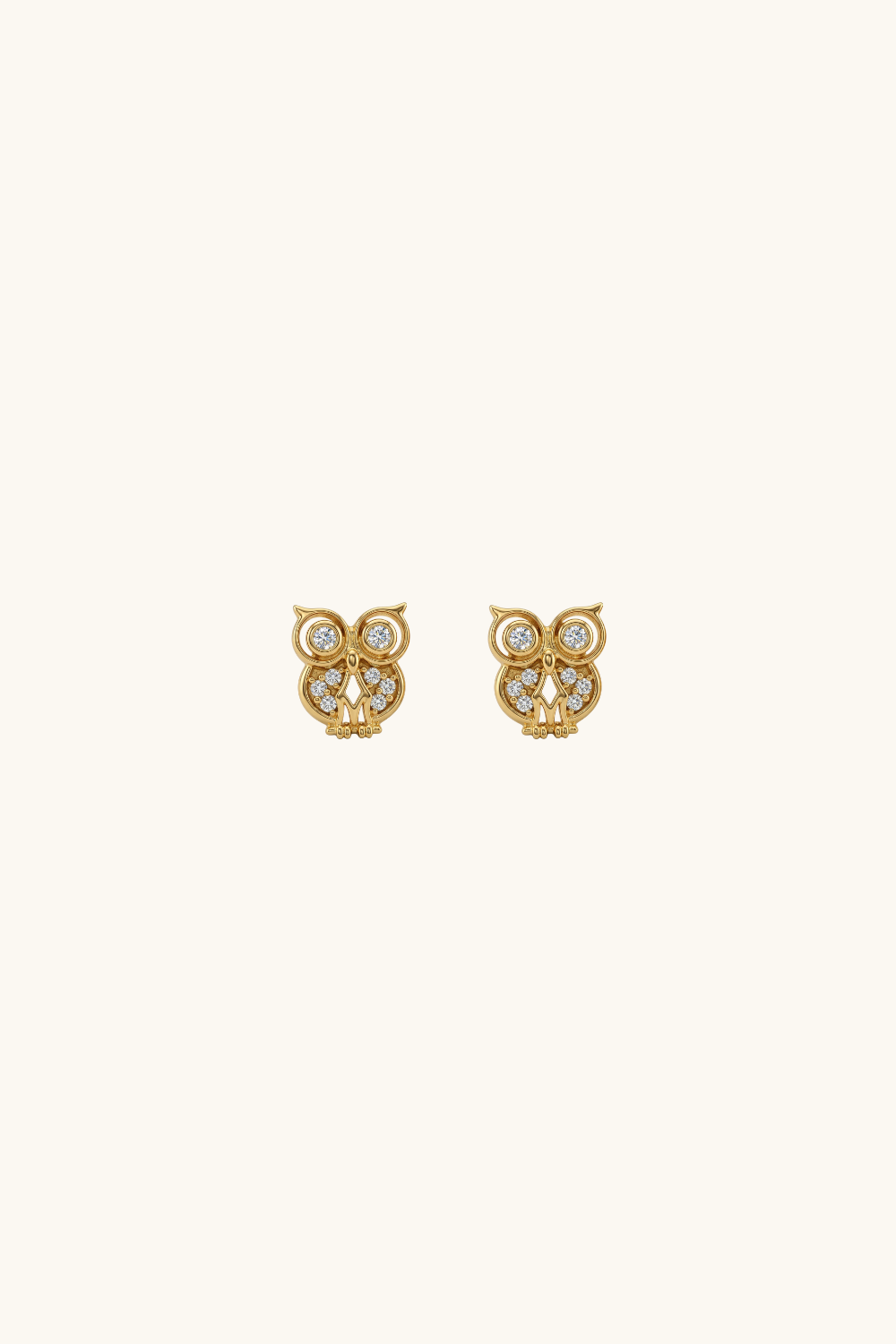 14k solid gold owl stud earrings with sparkling pavé eyes and wings