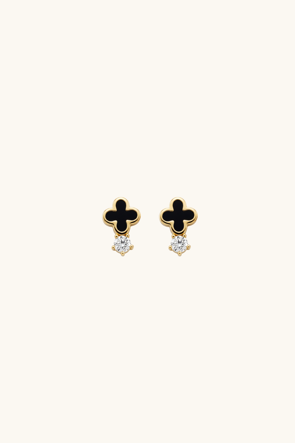 14k solid gold clover stud earrings with black enamel and sparkling stone drop