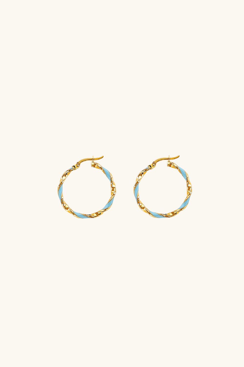 14k solid gold 23mm twisted hoop earrings with light blue enamel