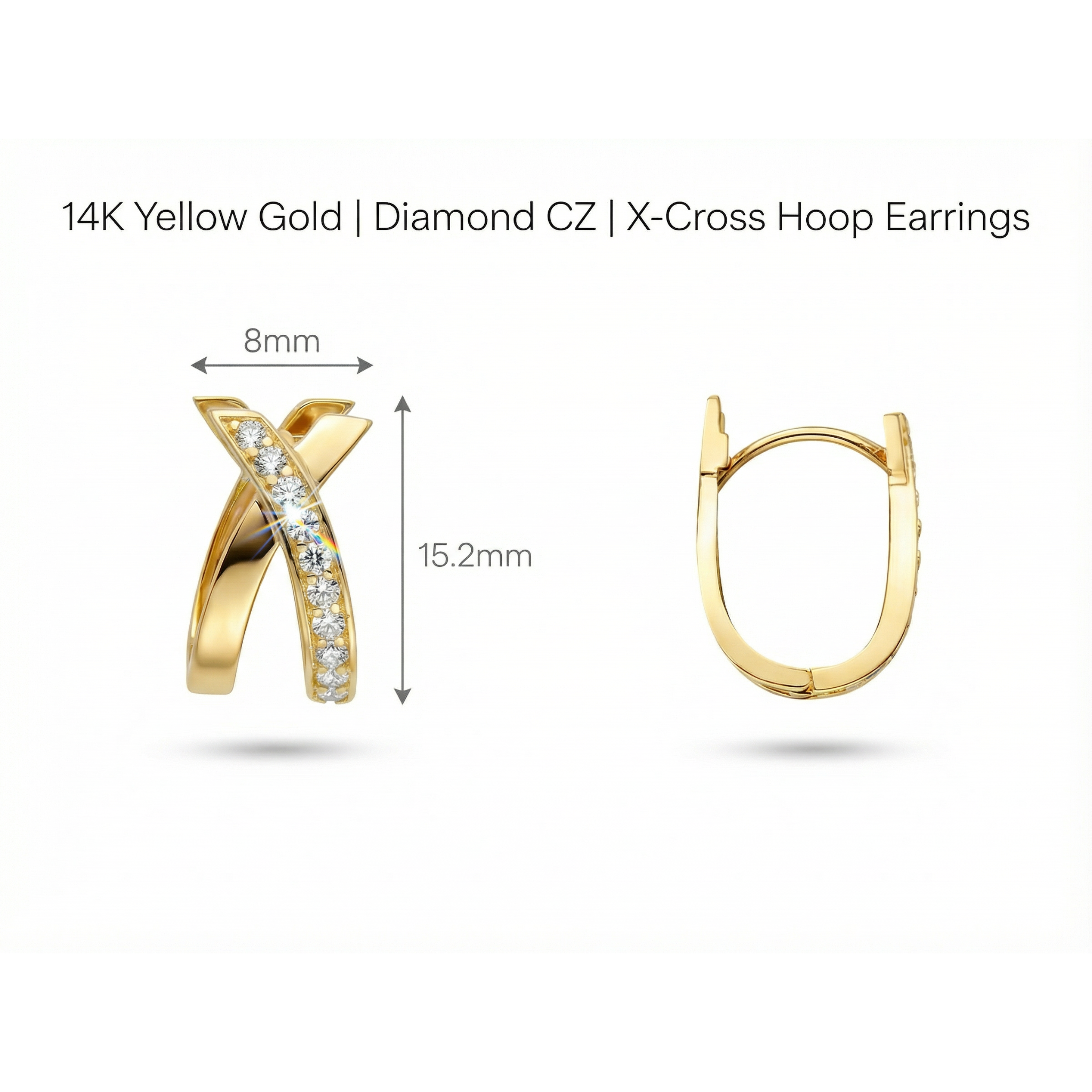 Gold X-cross hoop earrings with diamond accents and measurements on a white background