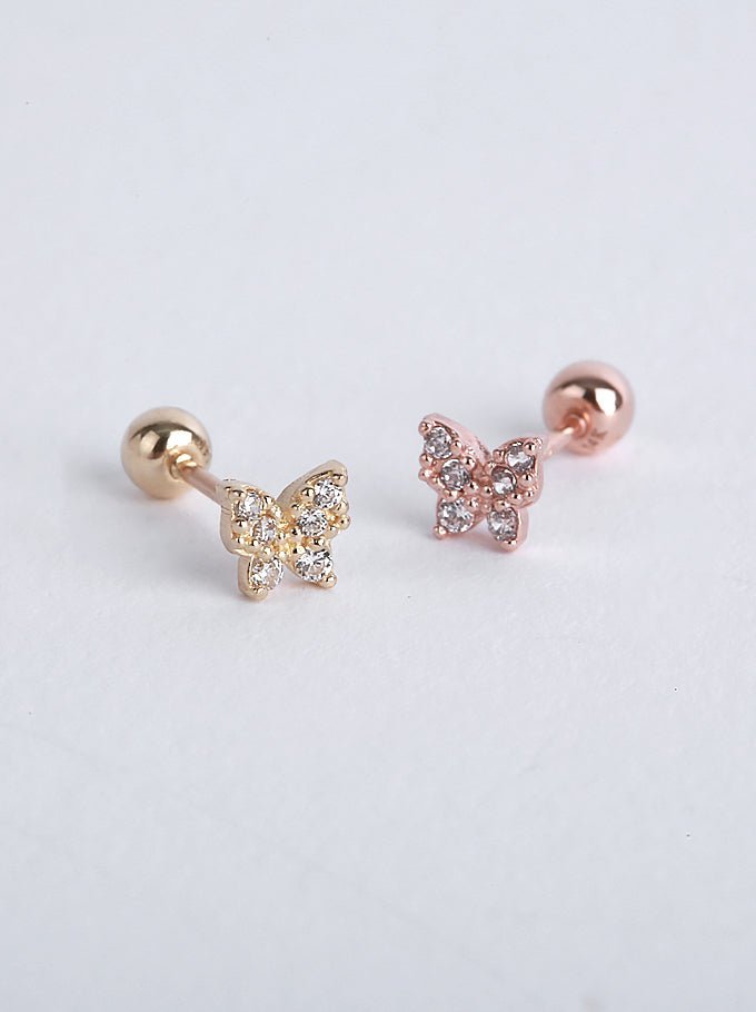 14K Solid Gold Butterfly CZ Stone Pave Single Stud - Pretty At Sam