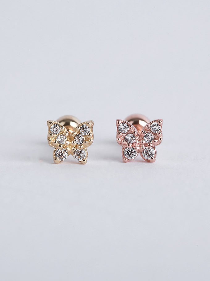 14K Solid Gold Butterfly CZ Stone Pave Single Stud - Pretty At Sam