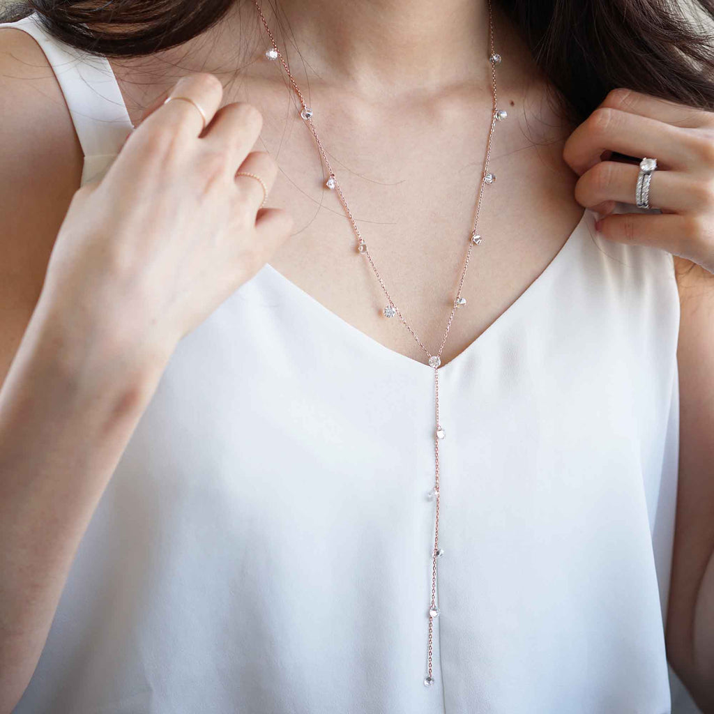 92.5 Sterling Silver Y Line Stones Long Necklace