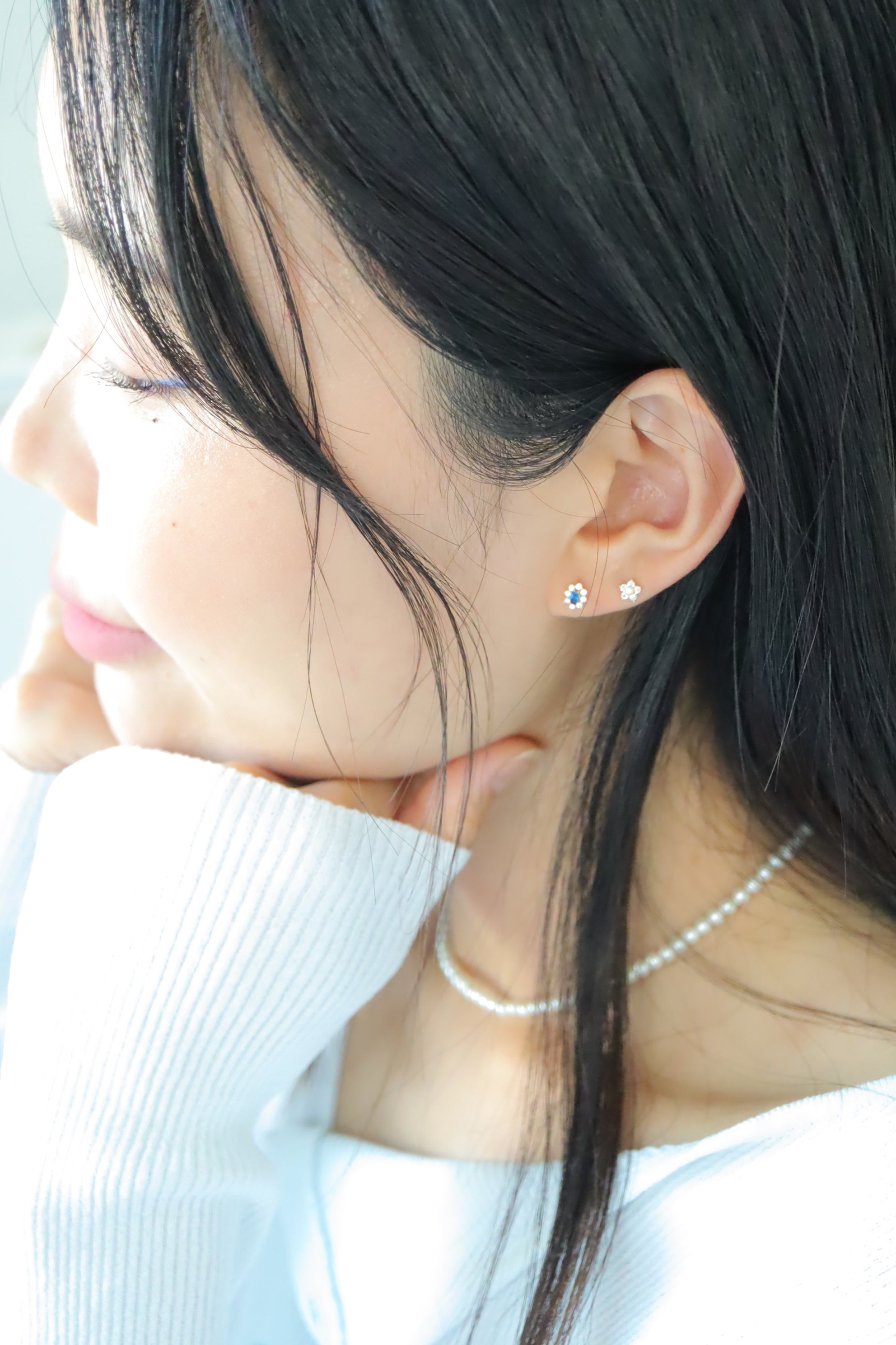 14K Solid Gold Oval flower blue stone CZ screw closure stud earring - Pretty At Sam