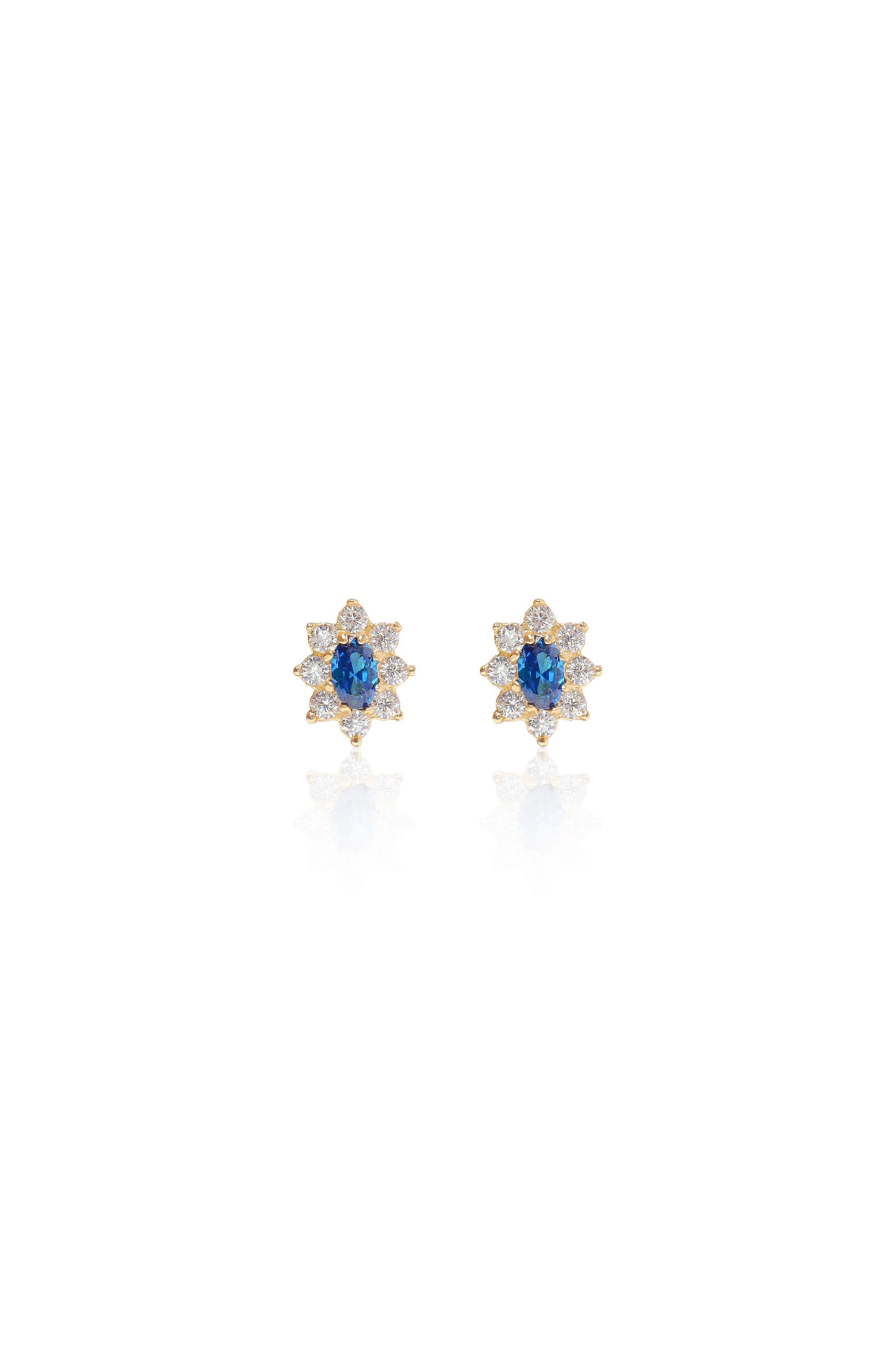 14K Solid Gold Oval flower blue stone CZ screw closure stud earring - Pretty At Sam