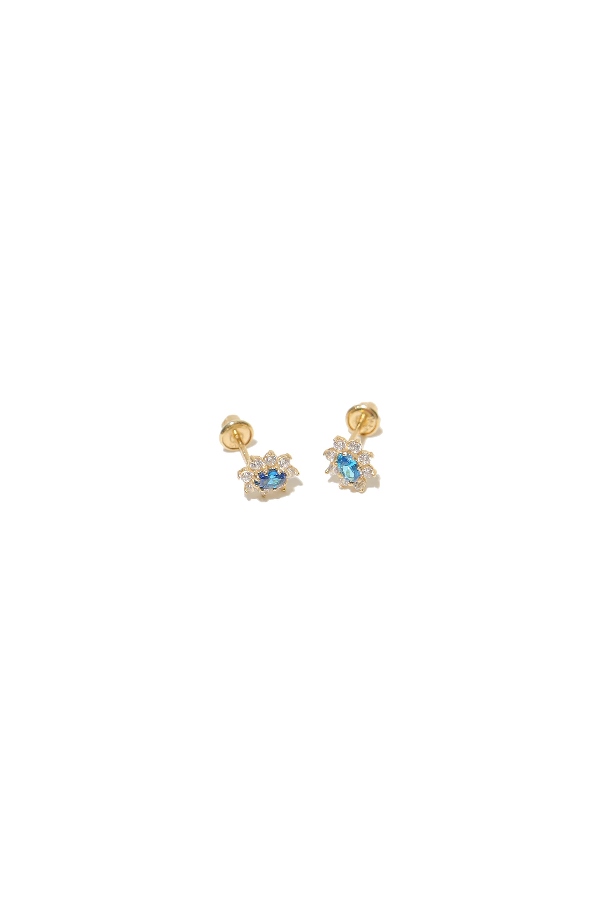 14K Solid Gold Oval flower blue stone CZ screw closure stud earring - Pretty At Sam