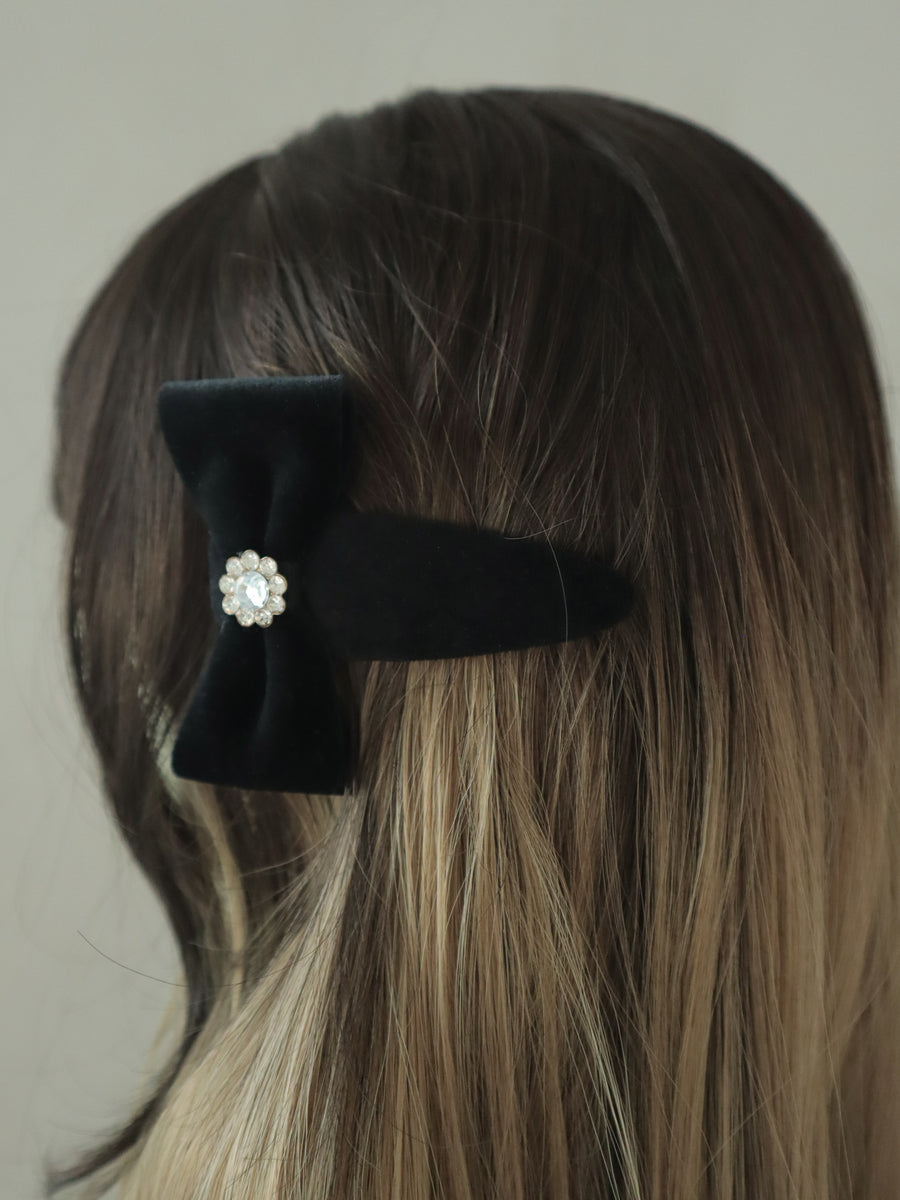 Velvet Bow Cubic Ornament Hair Side Snap & Clip Pin Snap Pin