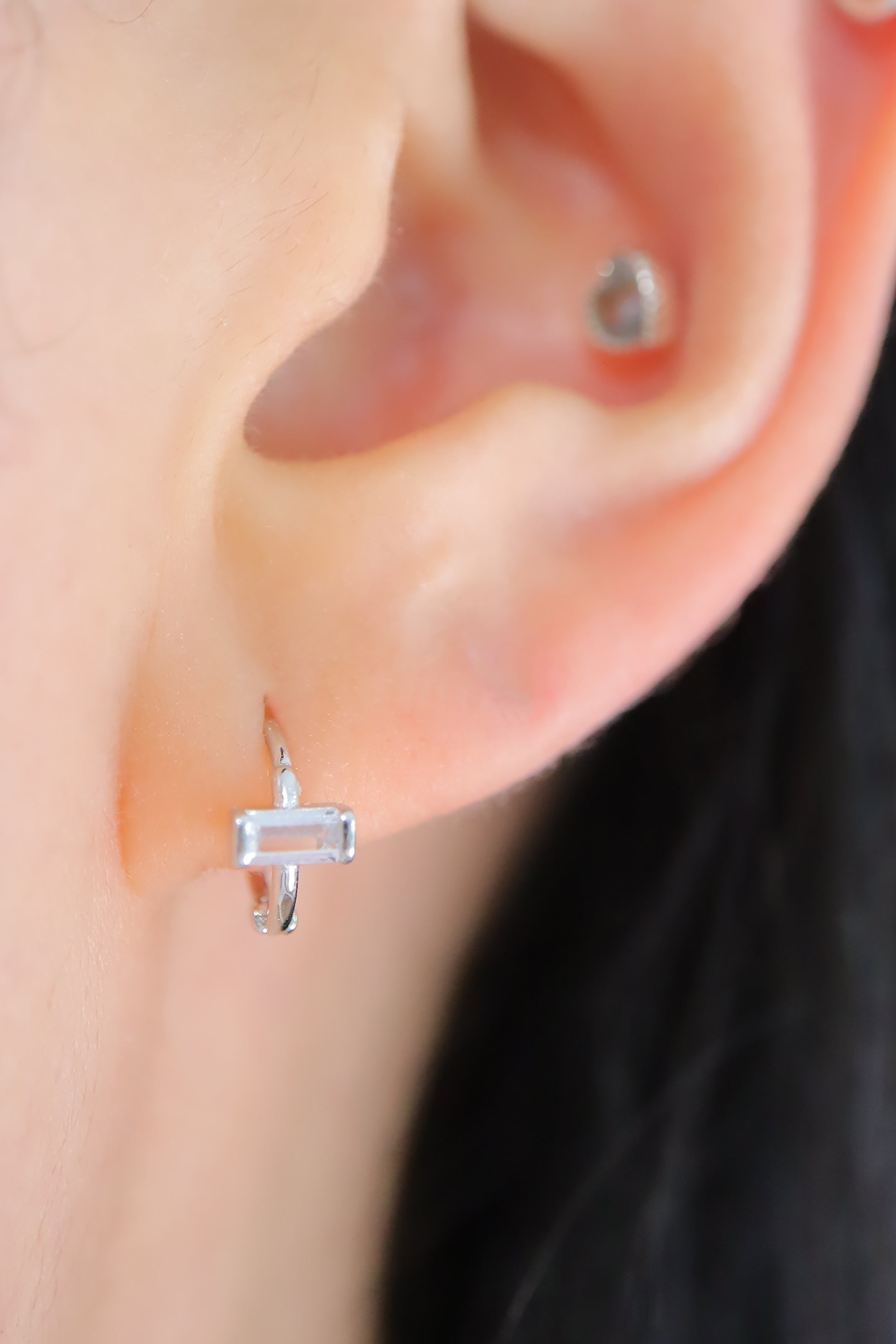 925 Sterling Silver Baguette CZ stone Single Hoop - Pretty At Sam